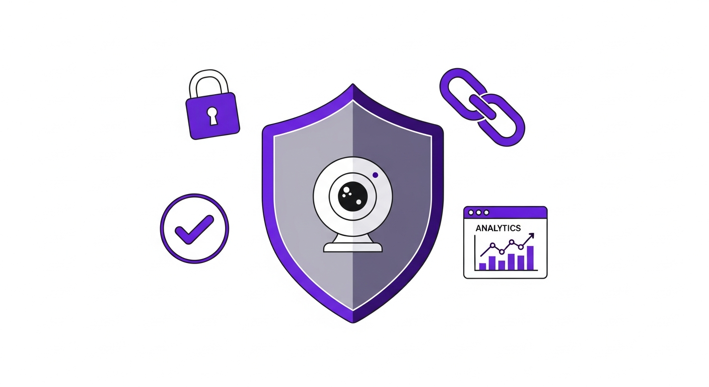 Privacy-first proctoring with shield, webcam, chain link, and analytics